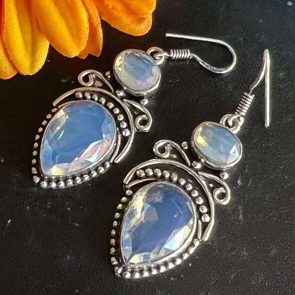 Opalite Earrings Handmade Gemstone Crystal Dangles 925 Silver Bohemian Ethnic - Picture 3 of 7